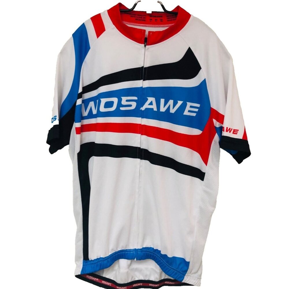WOSAWE Cycling Jersey Men Women‎ L Red White Blue Full Zip Vented Pockets Biking